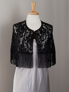 1920s Inspired Black Lace Fringe Shawl Playful Promises Boudoir Wrap